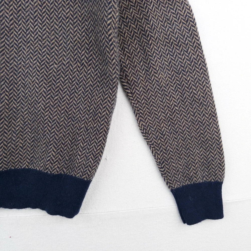 J.Crew 100% Cashmere Herringbone Jacquard Crewneck Sweater Men's Large Blue Tan